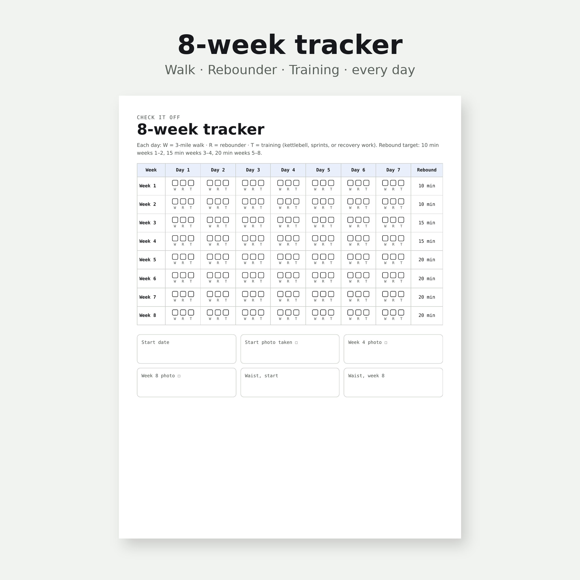 Snatched in 7 eight-week printable tracker