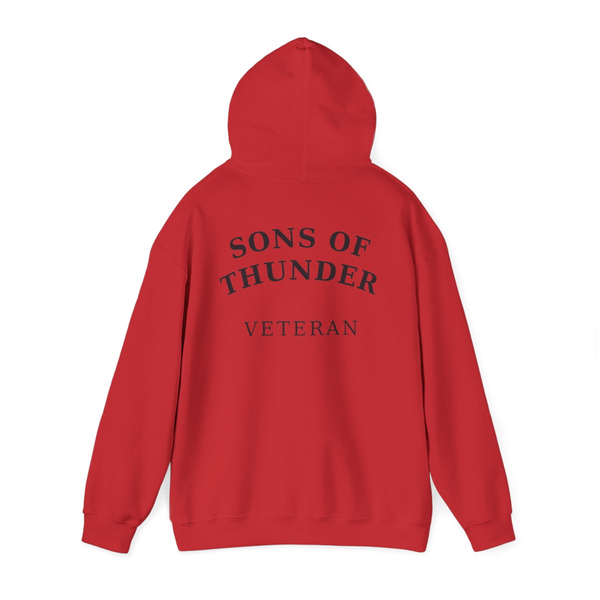 Design mockup: Veteran heavyweight hoodie, back, arched SONS OF THUNDER wordmark over VETERAN