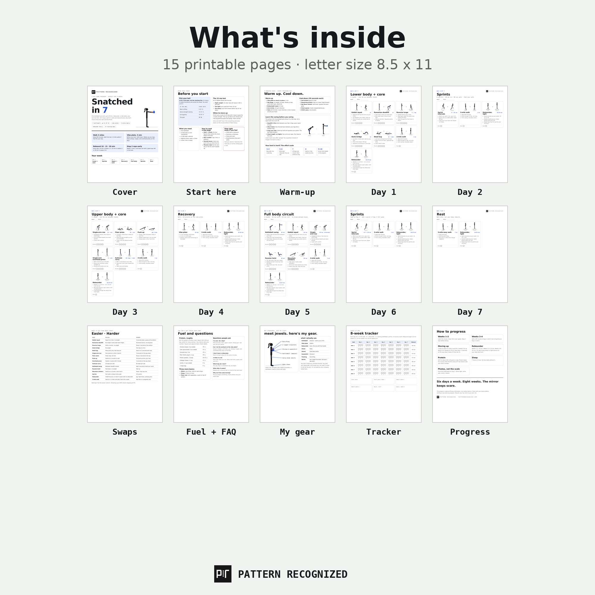 The fifteen printable pages included in Snatched in 7