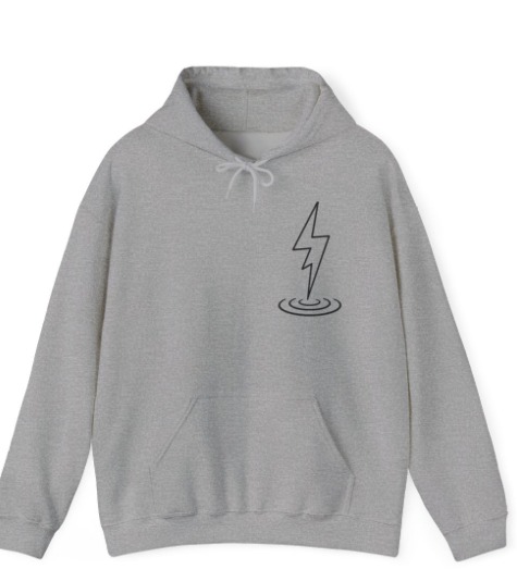 Design mockup: First Responder, Corrections and Undercover heavyweight hoodie, front, bolt mark at the chest
