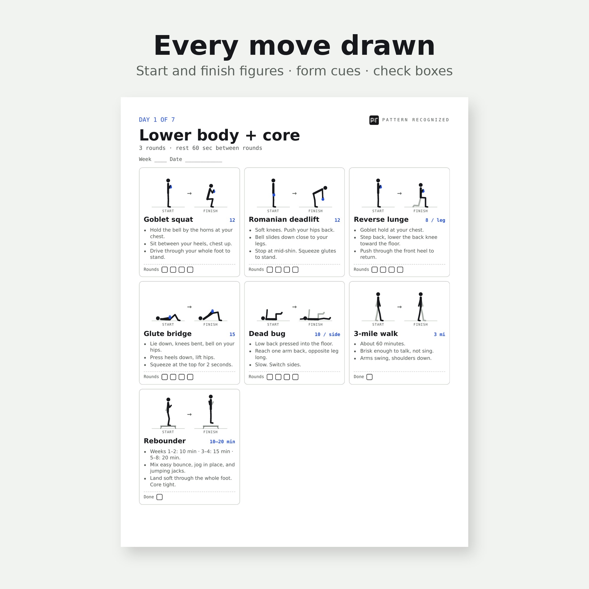 Snatched in 7 illustrated lower body and core workout page